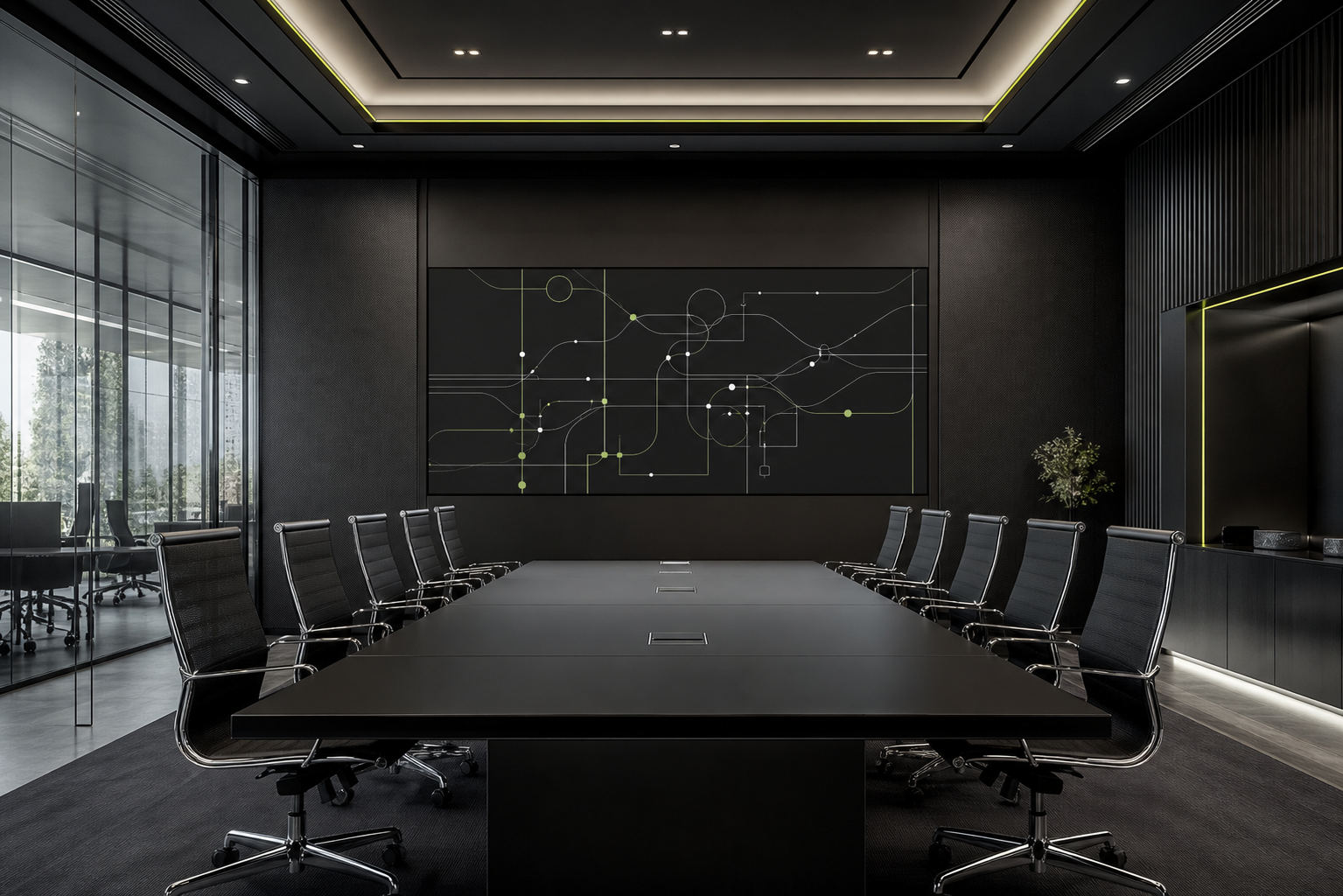 Sală conceptuală de conferință cu o schemă de sistem