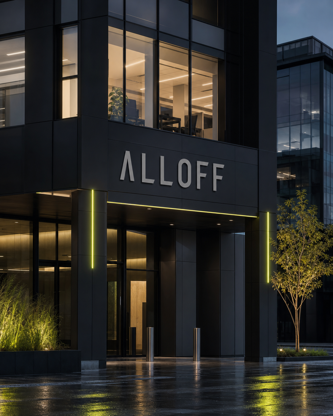 Exterior conceptual de clădire de birouri cu identitate ALLOFF